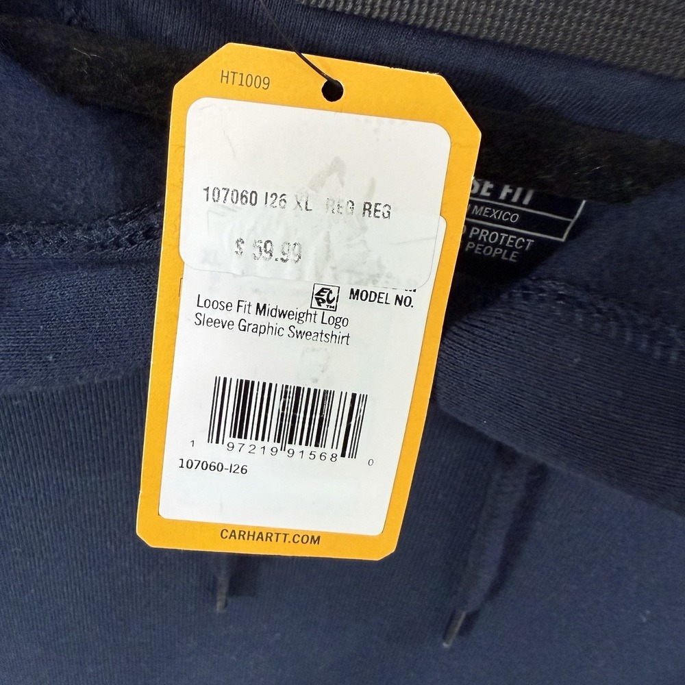 NWT Carhartt Mens XL Loose Fit Midweight Logo Sleeve Hoodie Navy - Picture 3 of 6